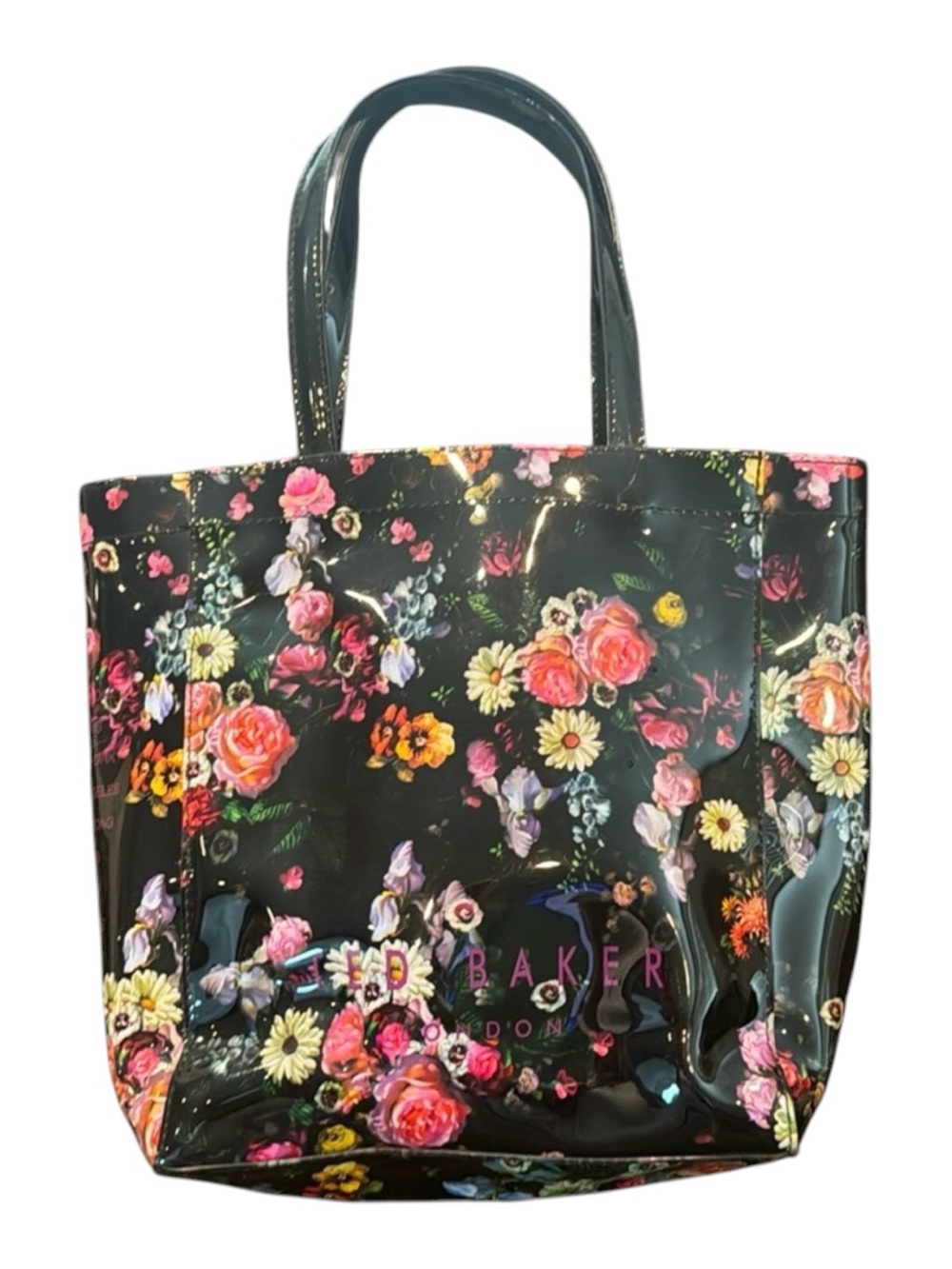 Ted Baker Oil Painting Floral Patent Small Tote Bag, Black Floral